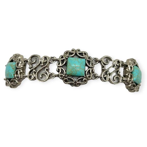 Balinese Silver Bracelet Turquoise Square Filigree Semi Precious Stone Howlite - Picture 1 of 13